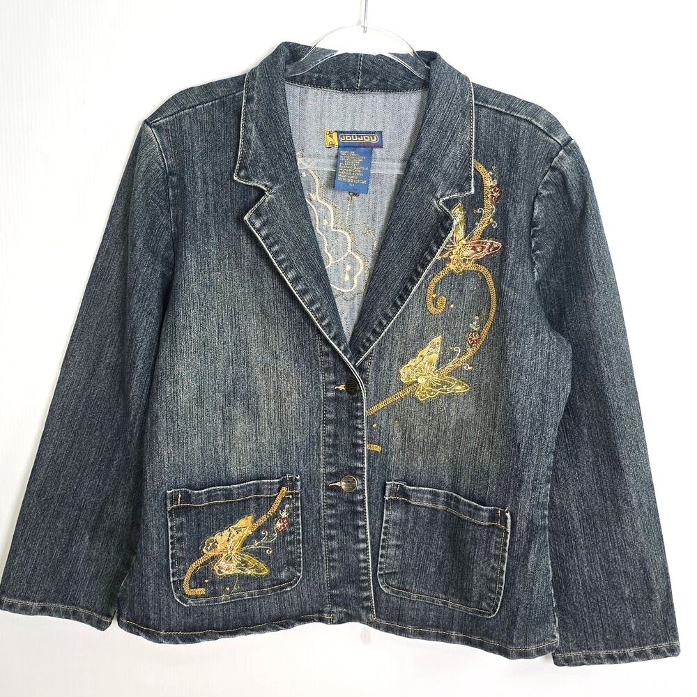 JouJou Y2K Vintage Butterfly Sequin Embroidered Denim Blazer Medium